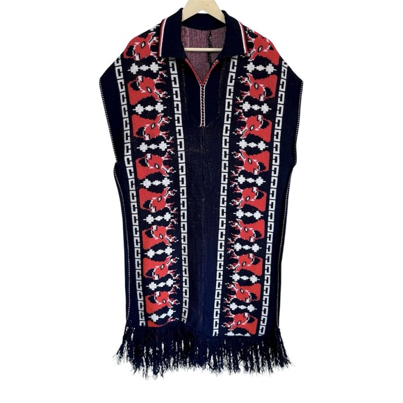 Free People Other - Unbranded Navy and Red Reindeer Knit Boho Poncho Sweater OS